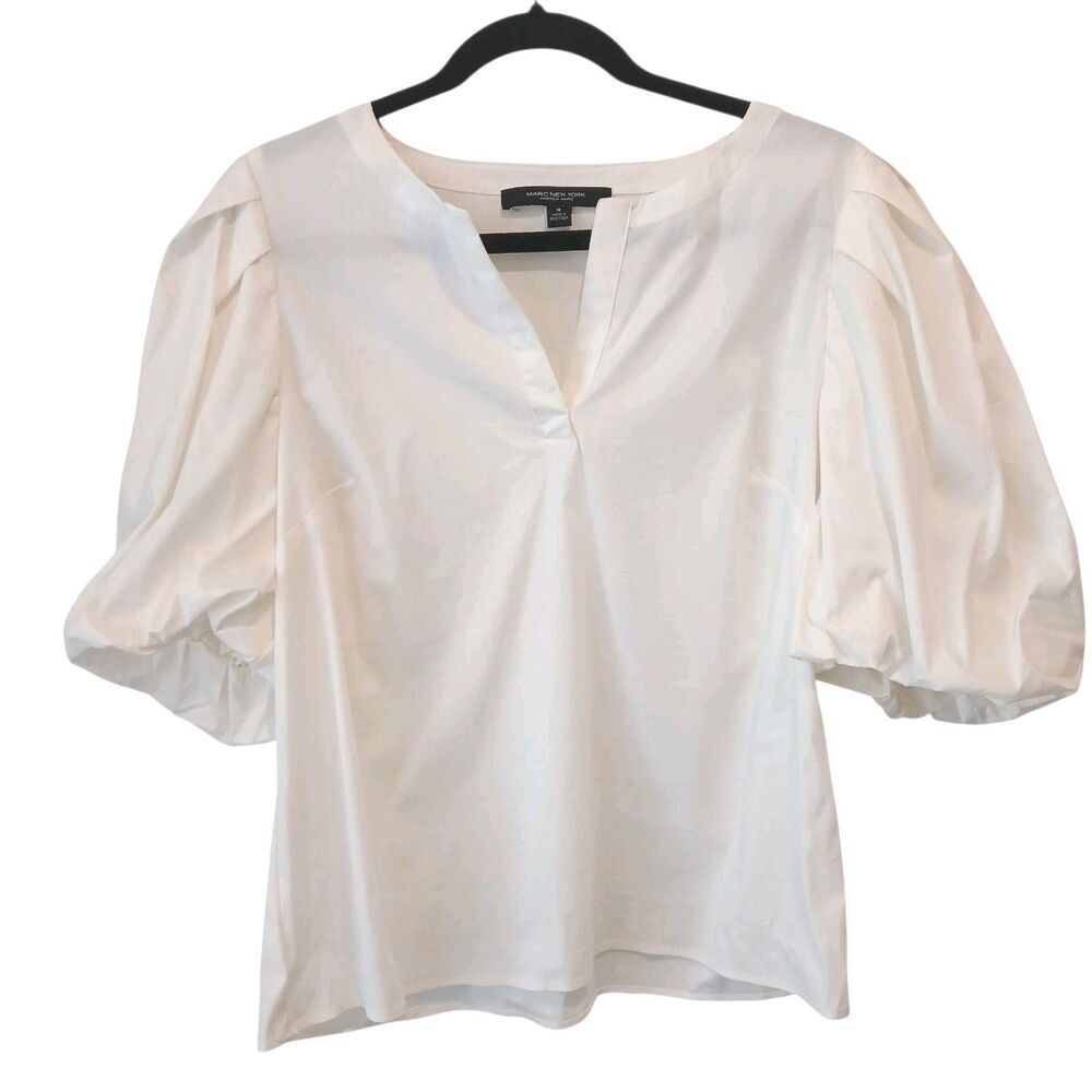 Marc New York Puff Sleeve V-Neck Cream Top Blouse Size 2X Pleated Designer Ivory